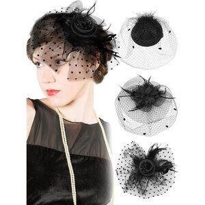 Women Mesh Fascinator Hats Set Veil Feather Headbands for Wedding Party